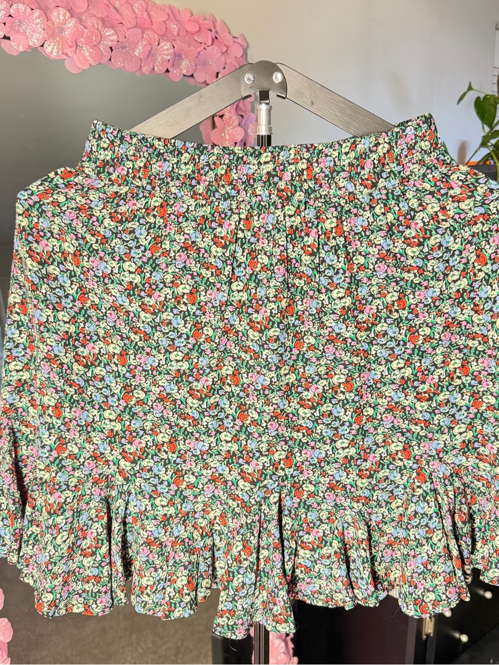LOFT Floral Ruffle Hem Mini Skirt - Pink, Green & Red